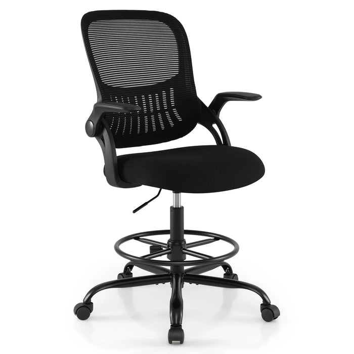 Drafting Chair Tall Mesh Swivel Task Chair with Flip Up Armrests and Adjustable Footrest Ring-