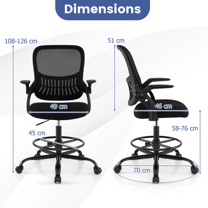 Drafting Chair Tall Mesh Swivel Task Chair with Flip Up Armrests and Adjustable Footrest Ring-