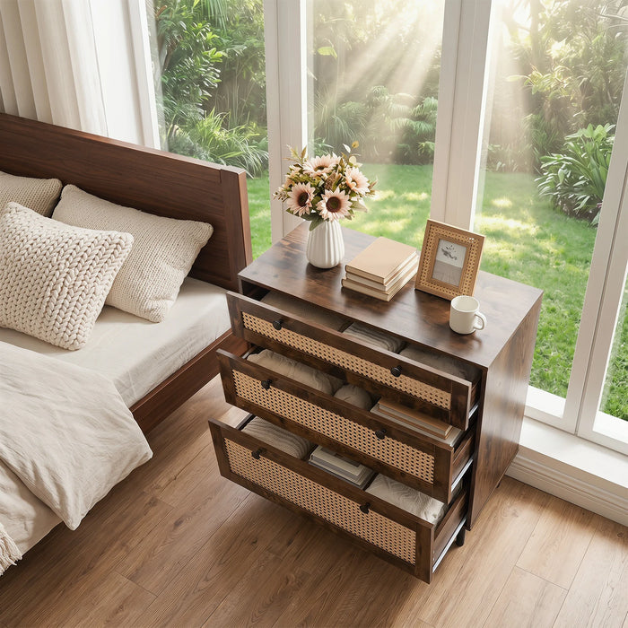 Dresser with 3 Drawers and Rattan Design and 5 Metal Legs for Bedroom-