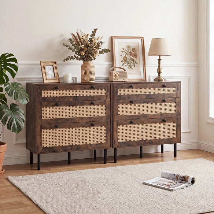 Dresser with 3 Drawers and Rattan Design and 5 Metal Legs for Bedroom-