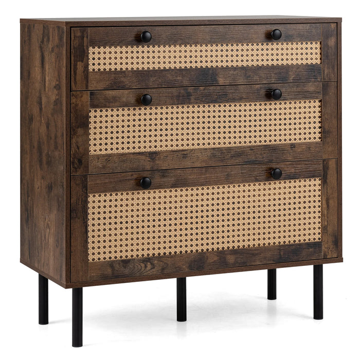 Dresser with 3 Drawers and Rattan Design and 5 Metal Legs for Bedroom-