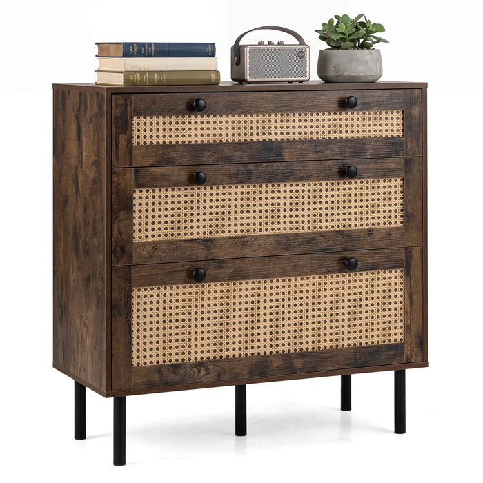 Dresser with 3 Drawers and Rattan Design and 5 Metal Legs for Bedroom-