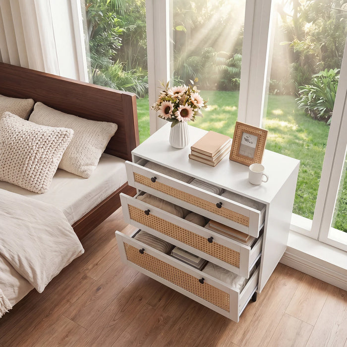 Dresser with 3 Drawers and Rattan Design and 5 Metal Legs for Bedroom-