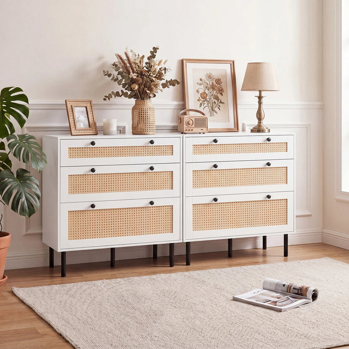 Dresser with 3 Drawers and Rattan Design and 5 Metal Legs for Bedroom-