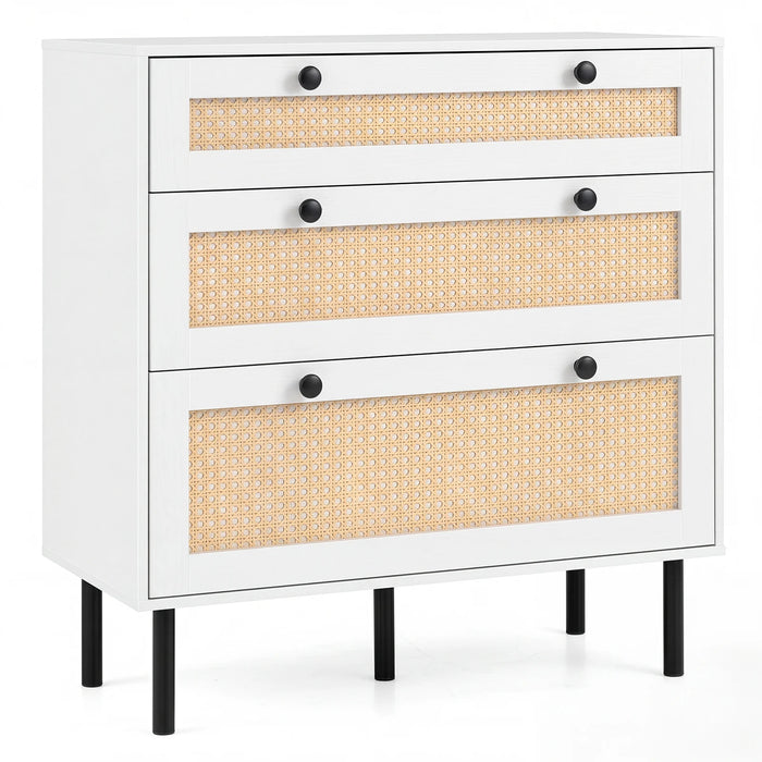 Dresser with 3 Drawers and Rattan Design and 5 Metal Legs for Bedroom-