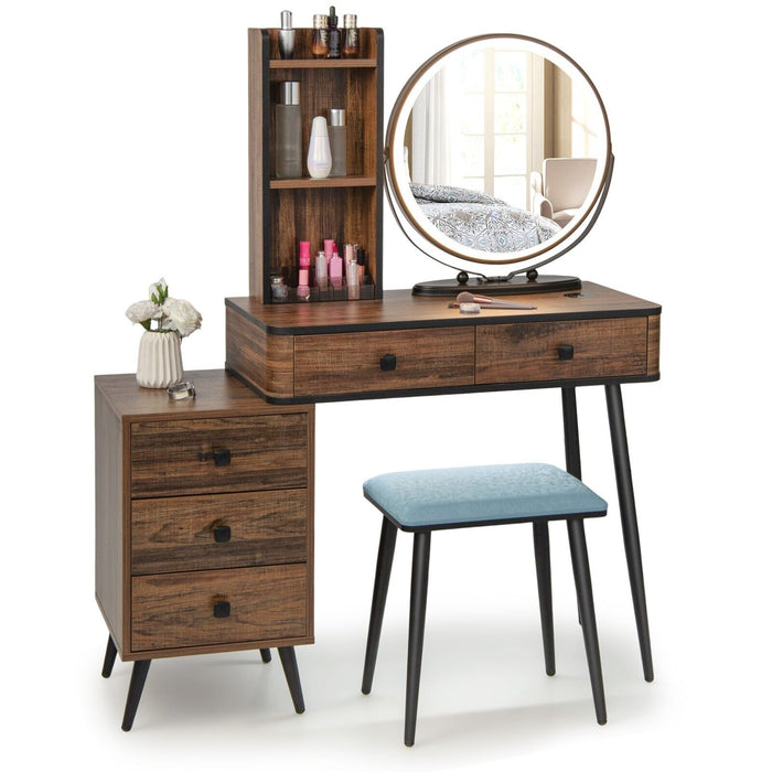 Vanity Table Set with 3-Colour Round Mirror and Charging Station-