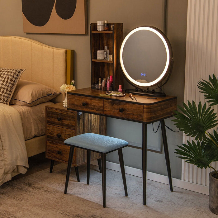 Vanity Table Set with 3-Colour Round Mirror and Charging Station-