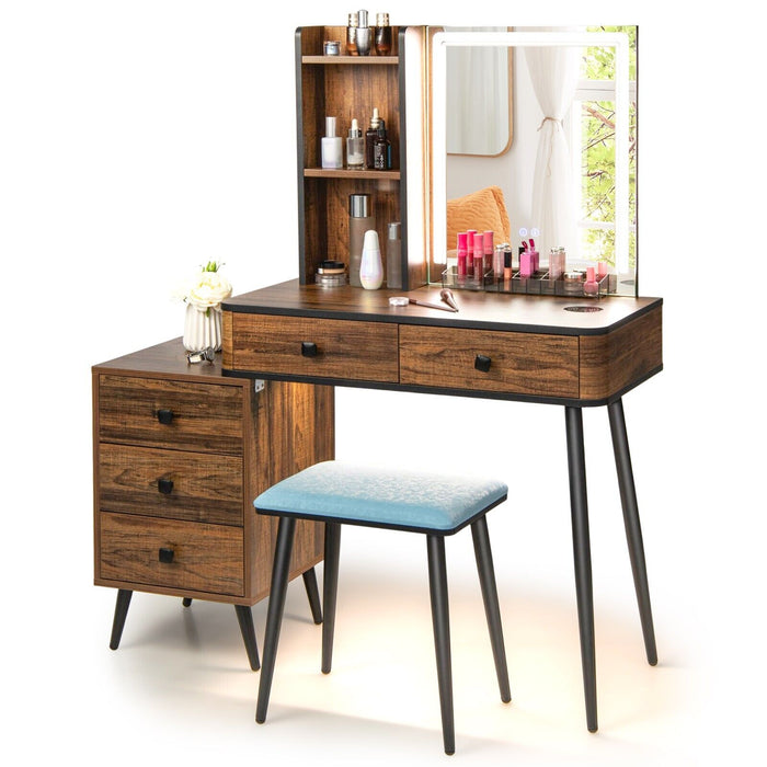 Vanity Table Set with 3-Color LED Lights Mirror and Charging Station-Brown