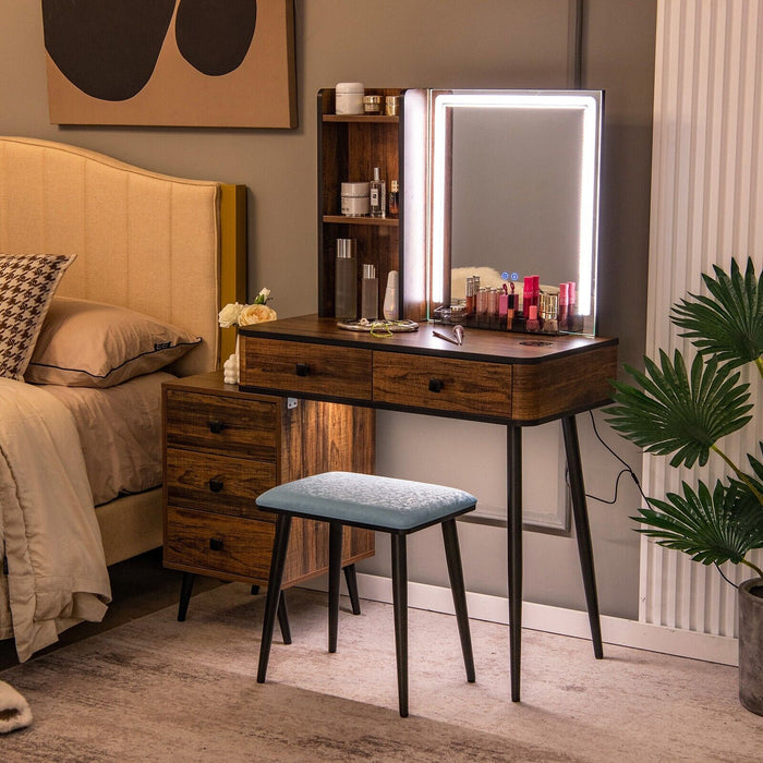 Vanity Table Set with 3-Color LED Lights Mirror and Charging Station-Brown