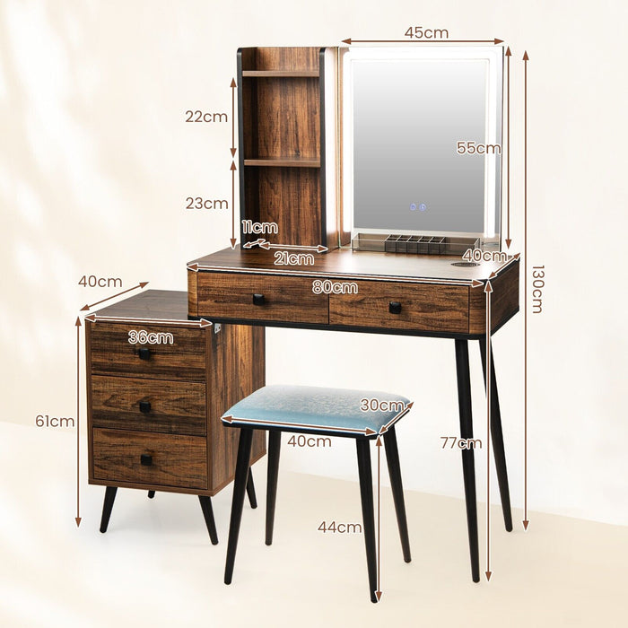 Vanity Table Set with 3-Color LED Lights Mirror and Charging Station-Brown