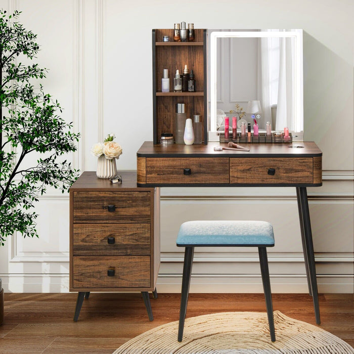 Vanity Table Set with 3-Color LED Lights Mirror and Charging Station-Brown