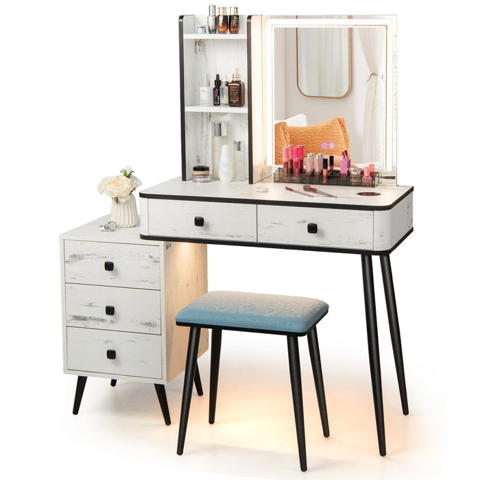 Vanity Table Set with 3-Color LED Lights Mirror and Charging Station-Brown