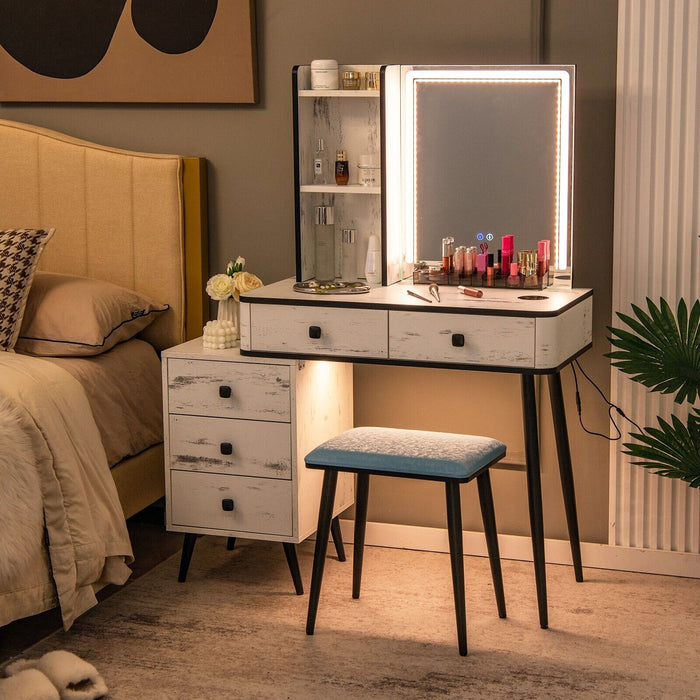 Vanity Table Set with 3-Color LED Lights Mirror and Charging Station-Brown