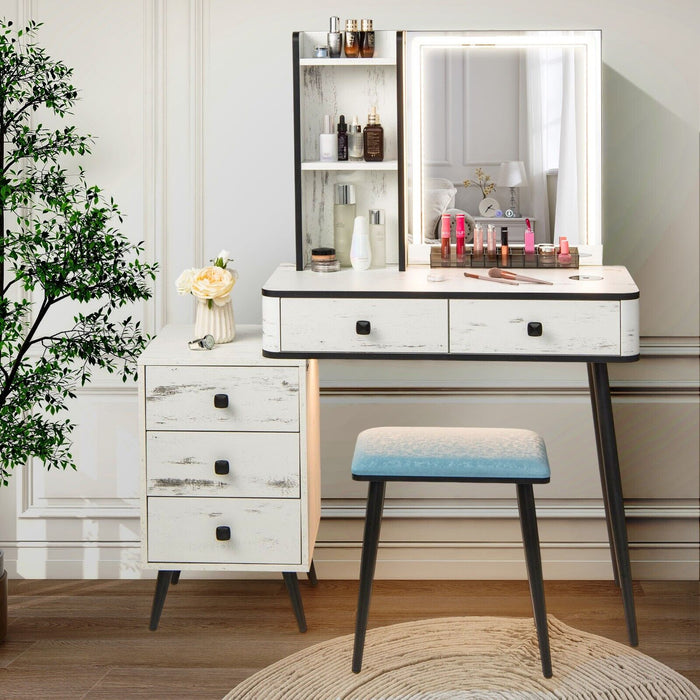 Vanity Table Set with 3-Color LED Lights Mirror and Charging Station-Brown