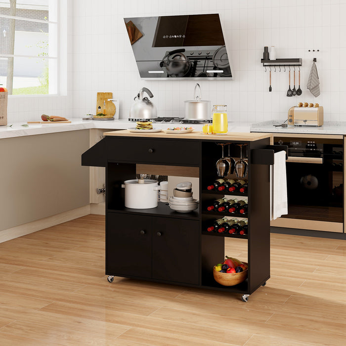 Mobile Drop Leaf Kitchen Island Cart with Microwave Shelf and Wine Rack-