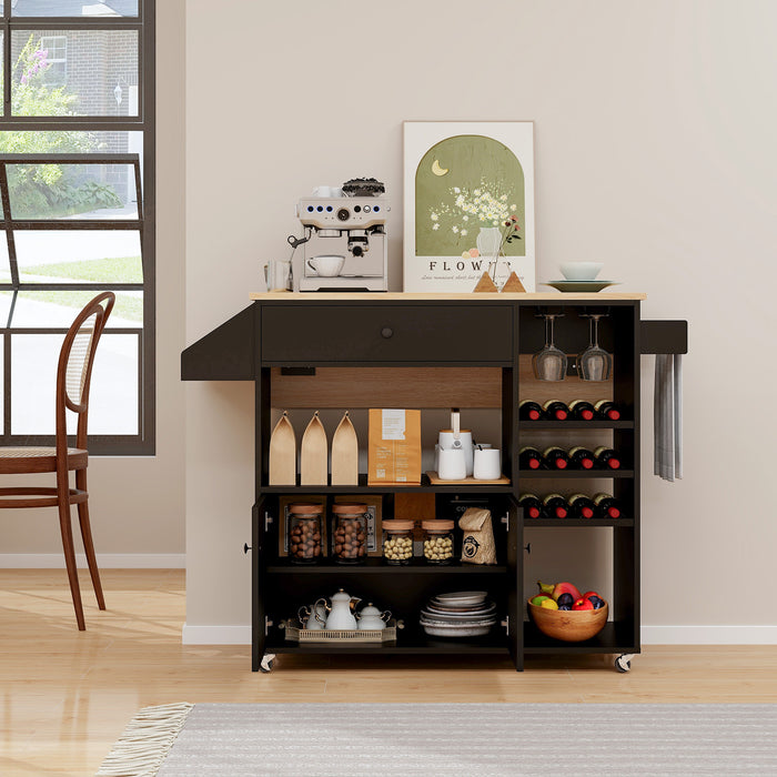 Mobile Drop Leaf Kitchen Island Cart with Microwave Shelf and Wine Rack-