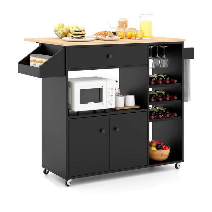 Mobile Drop Leaf Kitchen Island Cart with Microwave Shelf and Wine Rack-