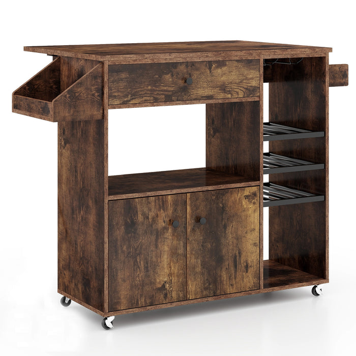Mobile Drop Leaf Kitchen Island Cart with Microwave Shelf and Wine Rack-