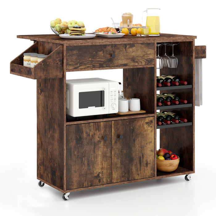 Mobile Drop Leaf Kitchen Island Cart with Microwave Shelf and Wine Rack-