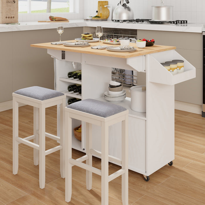 Mobile Drop Leaf Kitchen Island Cart with Microwave Shelf and Wine Rack-