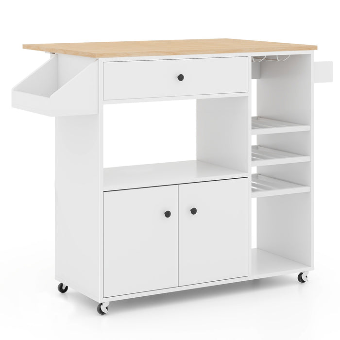 Mobile Drop Leaf Kitchen Island Cart with Microwave Shelf and Wine Rack-