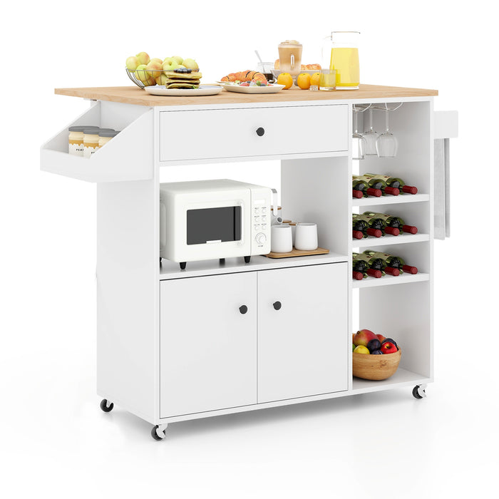 Mobile Drop Leaf Kitchen Island Cart with Microwave Shelf and Wine Rack-