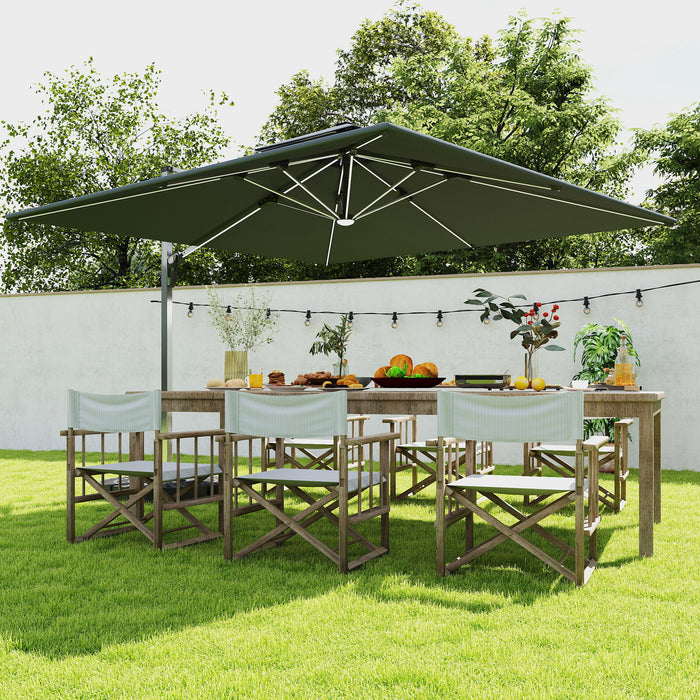 Outsunny 3(m) Garden Cantilever Parasol with Solar LED Lights, Cross Base, 360° Rotation, Crank Handle and Tilt, Grey