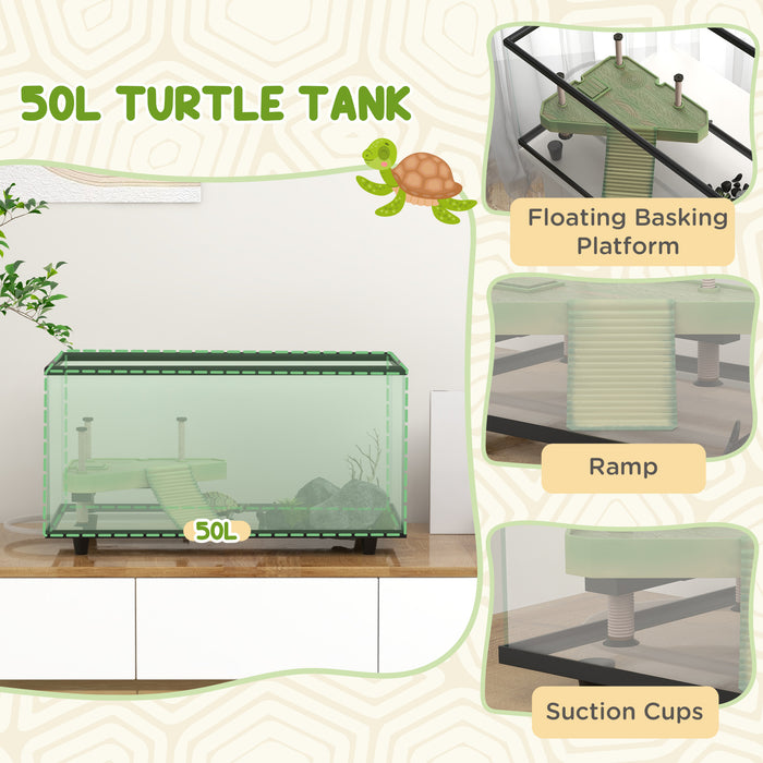 Glass Turtle Aquarium with 50L Capacity - Basking Platform, Easy-Drain System, Built-in Strip Thermometer - Ideal for Aquatic Reptile Habitats