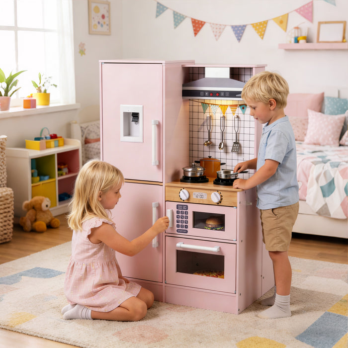 Dual-Sided Kids Play Kitchen with Water Dispenser and Range Hood for 3+ Years Old-