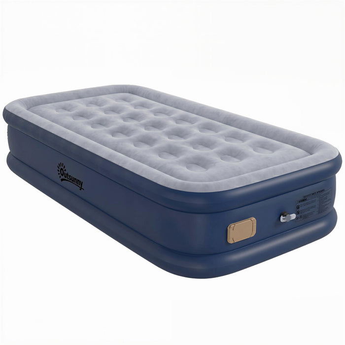 Outsunny Inflatable Mattress, Single Air Bed with Built-in Electric Pump, 3 Mins Inflation, Flocked Surface, Grey