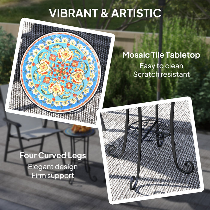 Outsunny Mosaic Garden Table, 35.5 cm Round Outdoor Table with Shelf, Ceramic Tile Top, Small Garden Side Table Bistro Table End Table Plant Stand for Indoor, Patio, Balcony, Blue