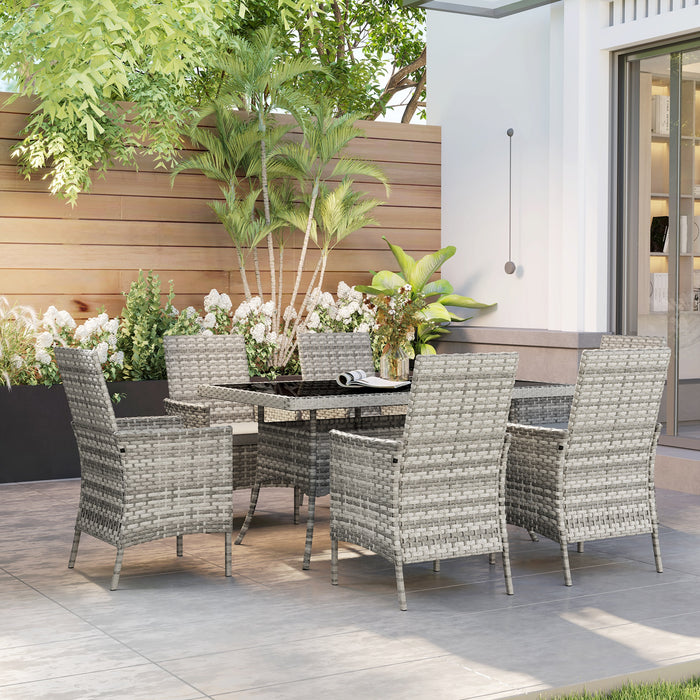 Outsunny Rattan Garden Furniture Set, 6 Seater Outdoor Dining Table and Chairs with Cushions, 150 x 90cm Rectangular Tempered Glass Table, 6 Armchairs, for Terrace, Conservatory, Balcony, Mixed-Grey