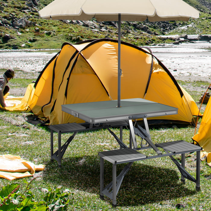 Outsunny Folding Picnic Table with 4 Seats and Umbrella Hole - Grey