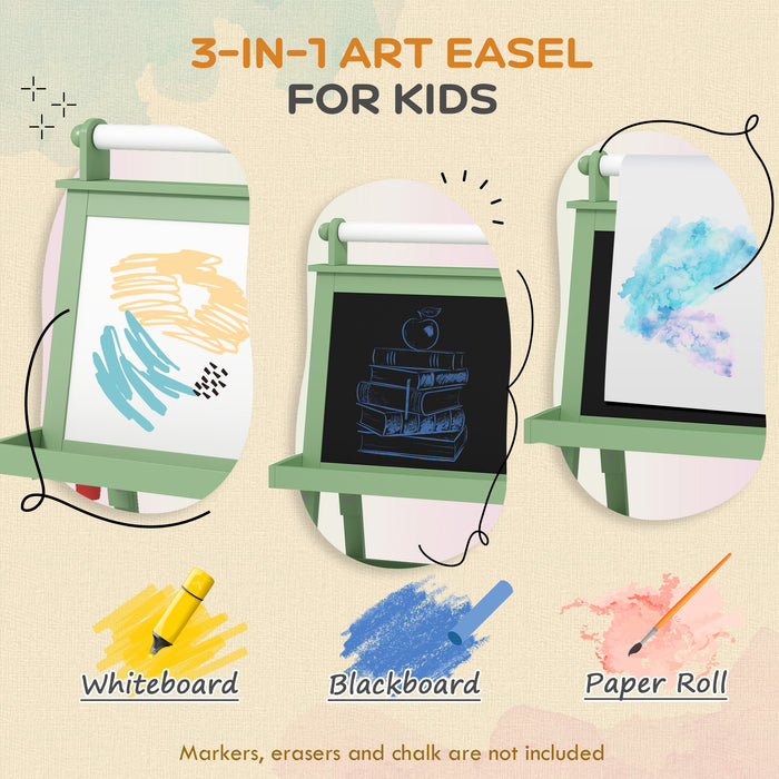 AIYAPLAY 3 in 1 Kids Easel Double-Sided Magnetic Whiteboard and Chalkboard with Paper Roll, Storage Baskets - Green | Aosom UK