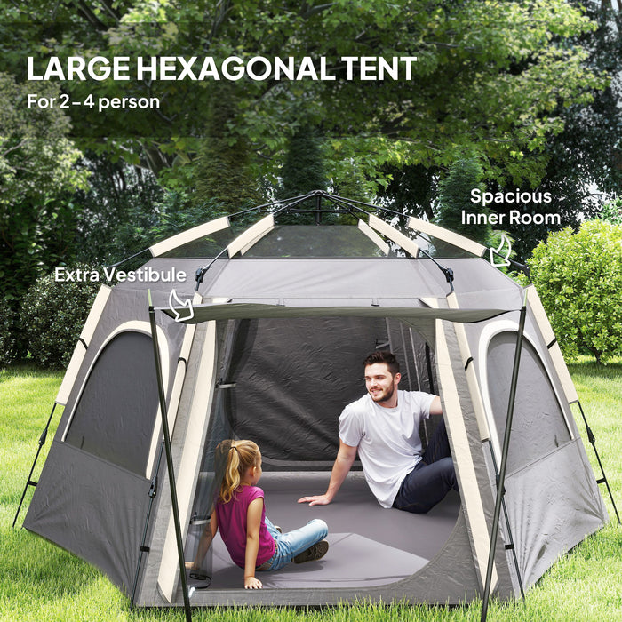 Outsunny Instant Camping Tent, 2/3/4 Person Easy Setup Family Tent with Vestibule, Rainfly, 4 Mesh Windows & 2 Doors, Hexagonal Design, Waterproof UV Protected Dome Tent, Dark Grey