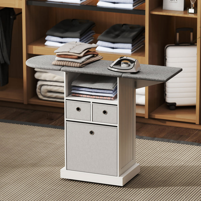 HOMCOM Ironing Board Cabinet on Wheels with Ironable and Foldable Top, Mobile Storage Cabinet with Ironing Board, White