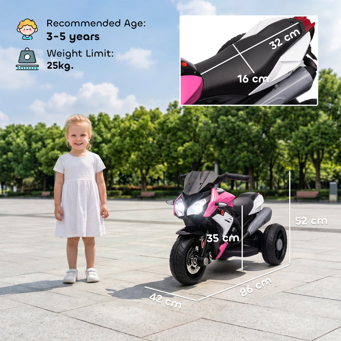 HOMCOM Kids Electric Motorcycle, 6V Ride on Motorcycle with 3 Wheels, LED Headlight, Music, Horn for Boys Girls 3-5 Years, Pink