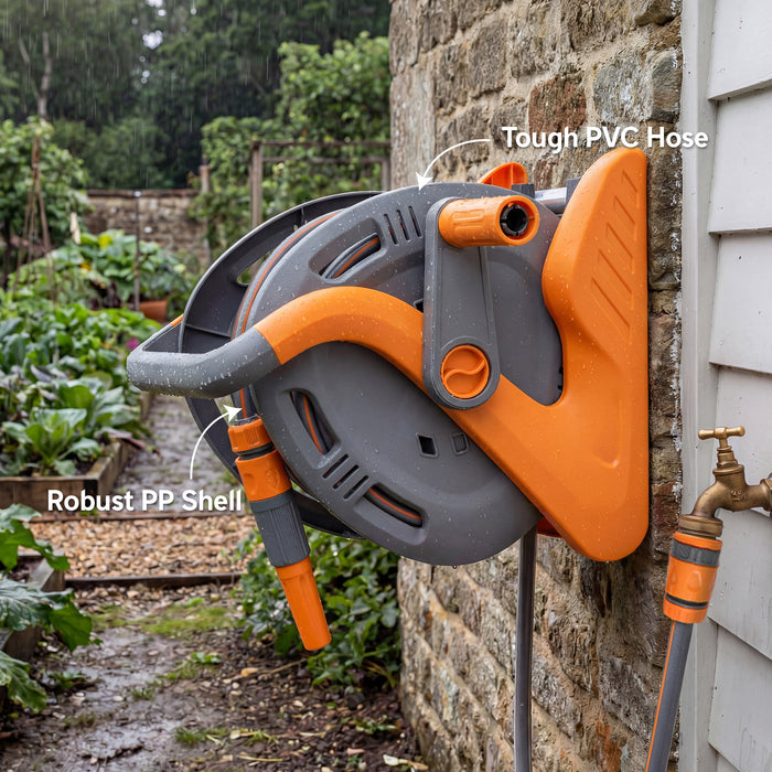 Outsunny Portable Garden Hose Reel, 20+2 m Wall Mounted Hose Reel with 2 Patterns Spray Nozzle and Crank Handle, Orange
