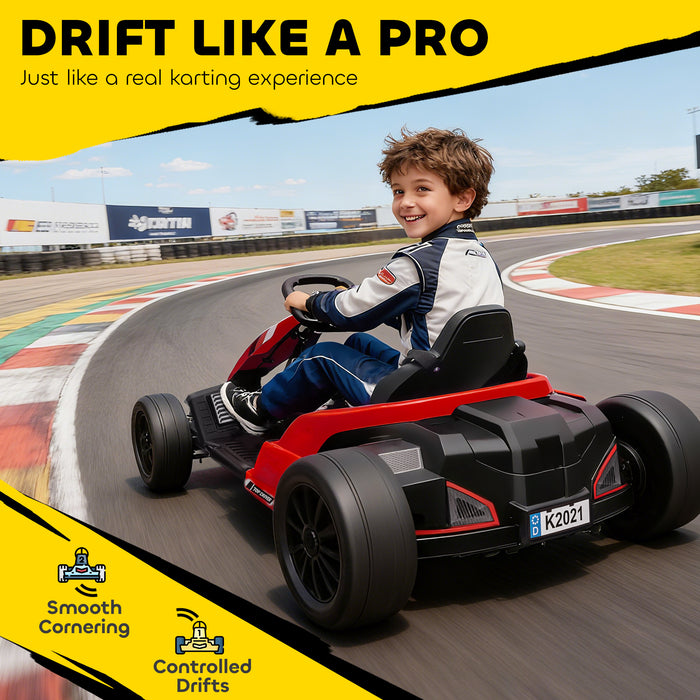 AIYAPLAY 24V Electric Go Kart, Drift Kart with Adjustable Seat, Slow Start, 5-Point Harness, Music, Horn, for 6-12 Years, Red