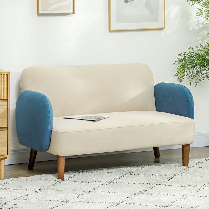 HOMCOM Small 2 Seater Sofa, Modern Nordic Loveseat Sofa Couch with Rubber Wood Legs, Velvet Fabric Sofa for Living Room, Bedroom, Small Space, 128 x 71 x 74cm, Cream White and Blue