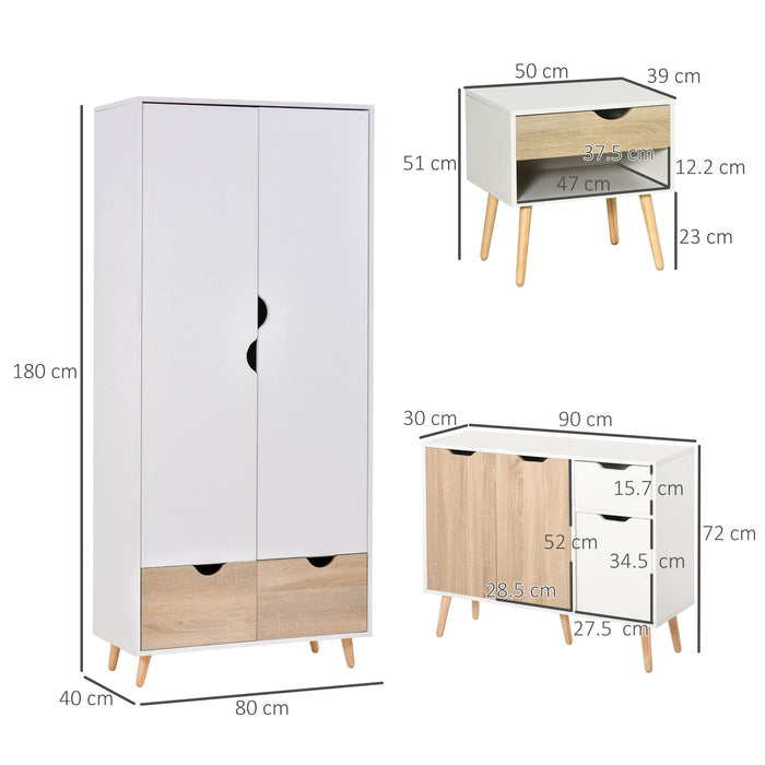 HOMCOM Bedroom Furniture Set, Wardrobe with Hanging Rod, Side Cabinet with wood legs , Bedside Table with Drawer, Nature Wood Finish and White | Aosom UK