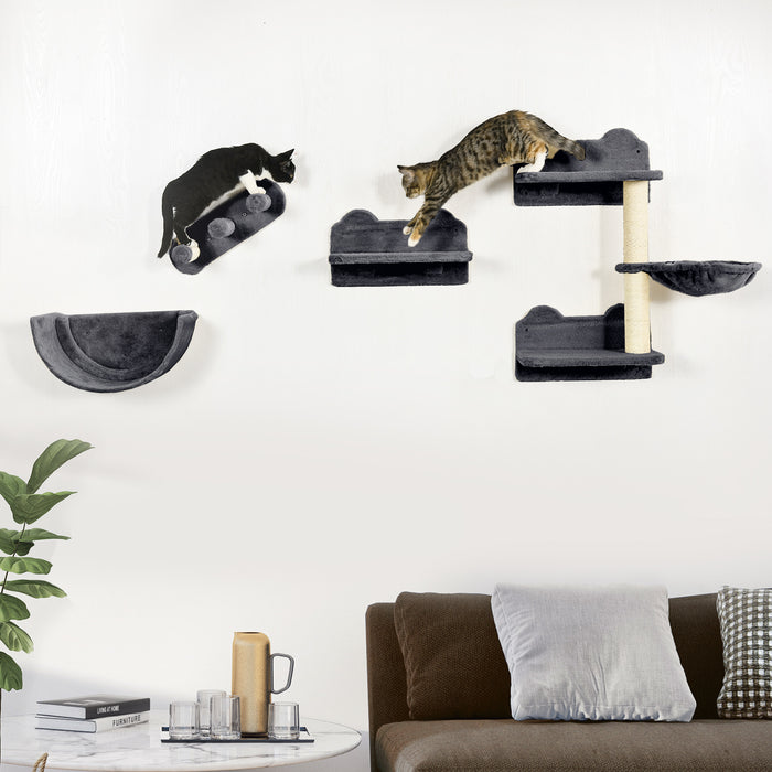 Wall-Mounted Cat Shelving Set with Accessories - Includes Scratching Post, Hammock, and Cozy Nest in Dark Grey - Perfect for Playful Felines & Space-Saving Pet Furniture