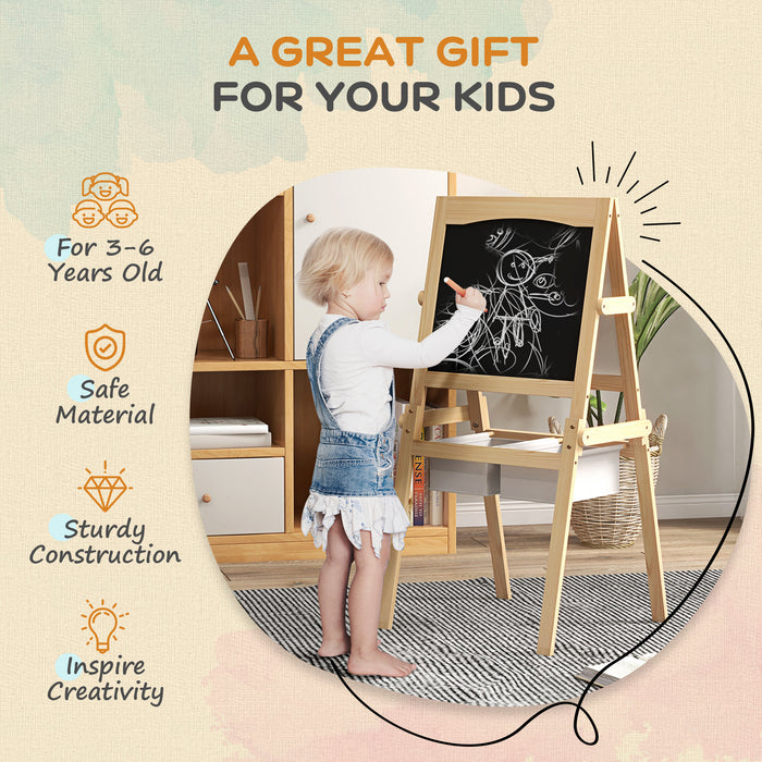 3 in 1 Kids Art Easel with Paper Roll - Double-Sided Whiteboard & Blackboard, Storage Baskets, Natural Wood Finish - Creative Play for Toddlers Ages 3-6 Years