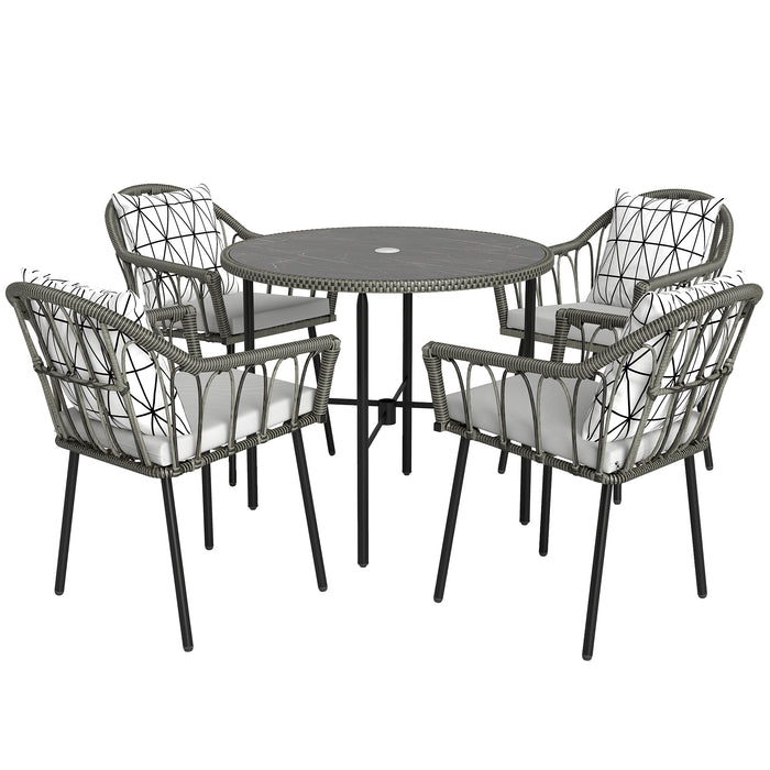 Outsunny 5 Piece Patio Rattan Dining Set, Wicker Garden Table and Chairs w/ Removable Seat & Back Cushions, Round Tempered Glass Tabletop, Parasol Hole, Outdoor Furniture Conservatory Set, Grey