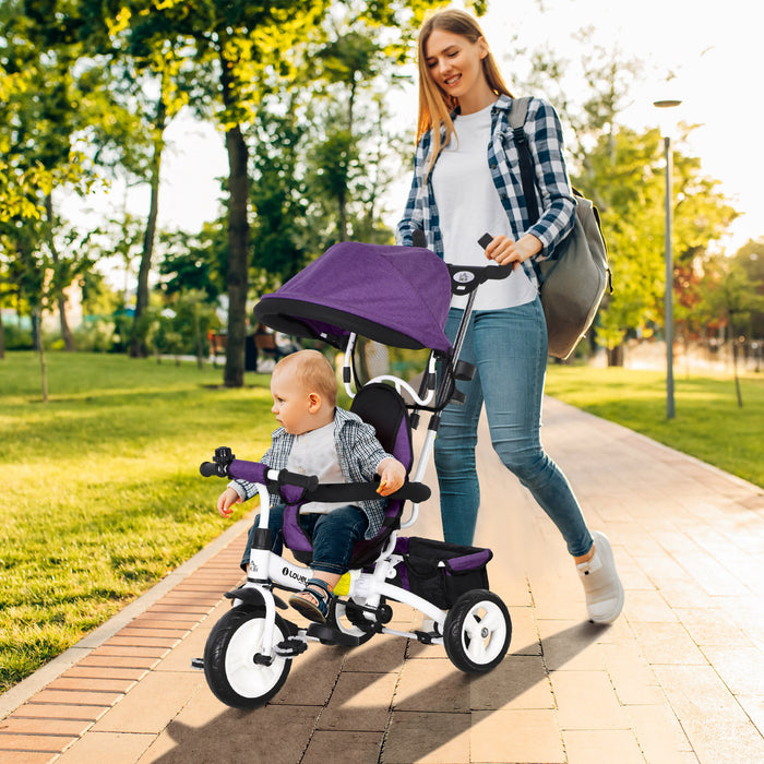 Kids' 4-in-1 Trike and Push Bike - Safety Canopy, 5-point Harness, Storage, Footrest, Brake - Perfect for Toddlers 1-5 Years, Purple