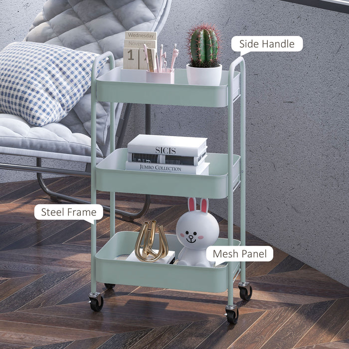 HOMCOM Three-Tier Steel Storage Trolley - Light Blue | Aosom UK