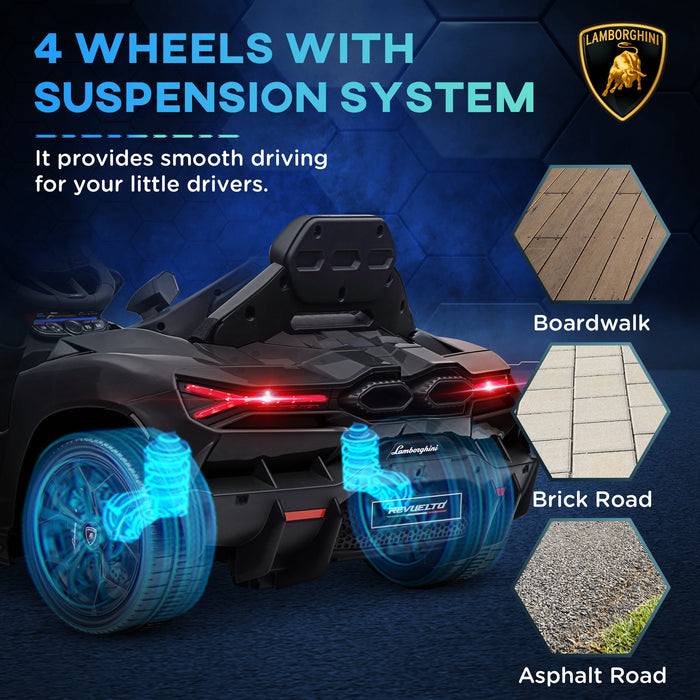 AIYAPLAY Lamborghini Revuelto Licensed 12V Ride on Car w/ Butterfly Doors Training Wheels, Suspension, Remote Control Black | Aosom UK