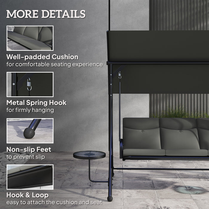Outsunny 3 Seater Garden Swing Chair with Adjustable Canopy, Cushion and Coffee Tables for Outdoor Dark Grey
