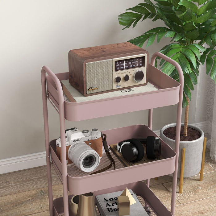 HOMCOM Three-Tier Steel Storage Trolley - Pink | Aosom UK