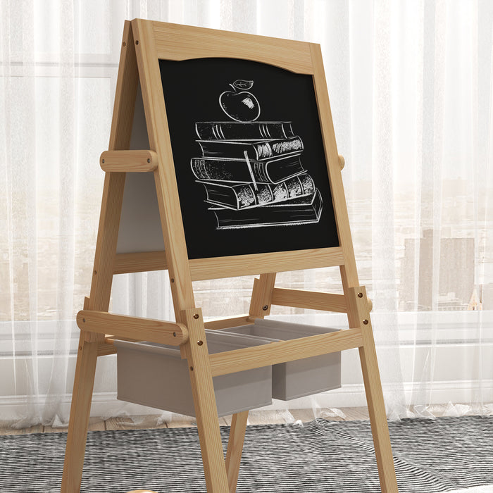 3 in 1 Kids Art Easel with Paper Roll - Double-Sided Whiteboard & Blackboard, Storage Baskets, Natural Wood Finish - Creative Play for Toddlers Ages 3-6 Years